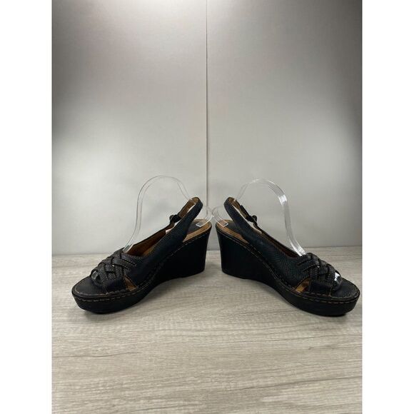 Born BOC Black Leather Wedge Heel Sandal Shoes Womens Size 10 - Picture 3 of 8